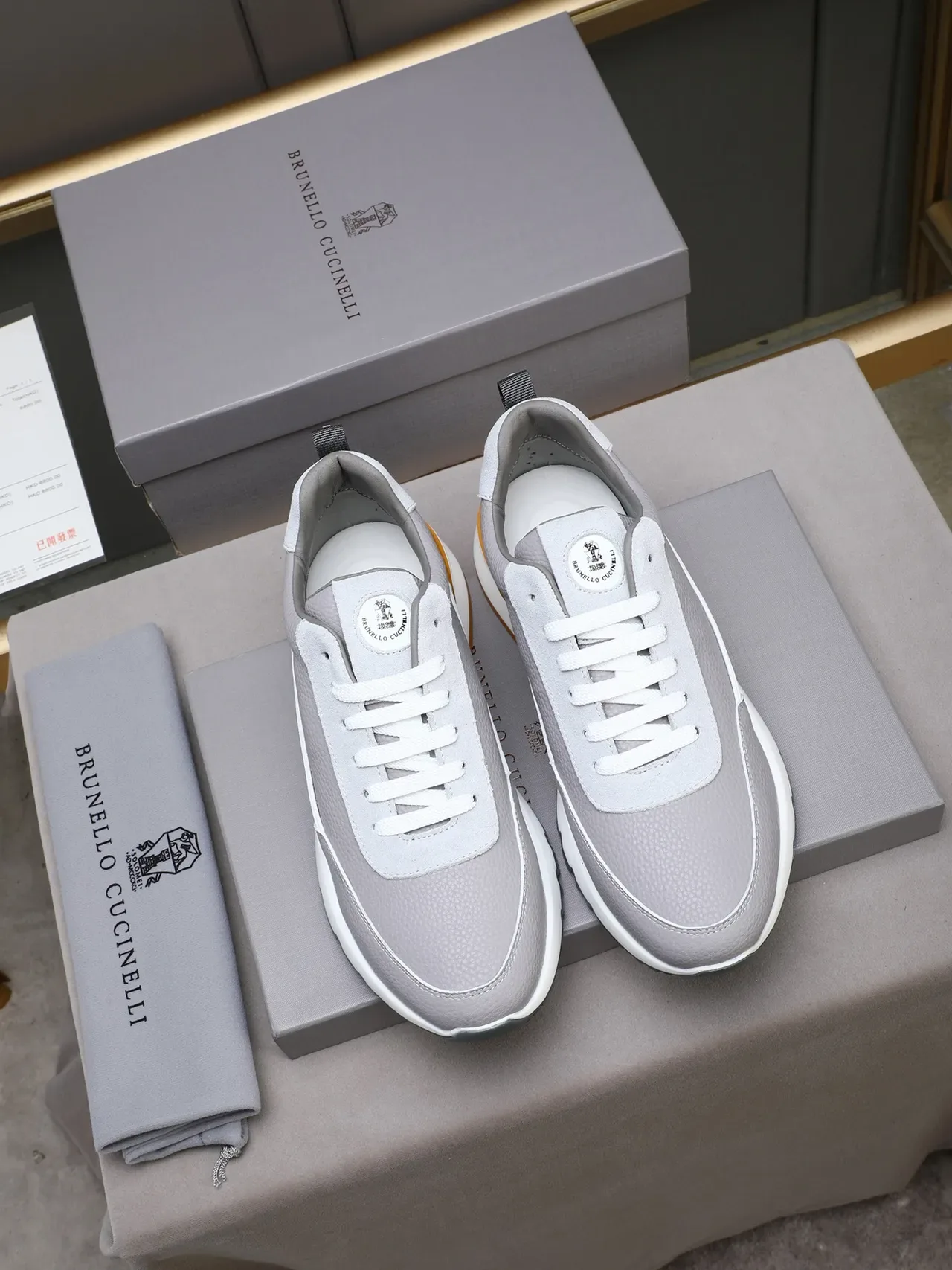 Brunello Cucinelli Gray Orange Pebbled Leather Upper Sculpted White Midsole Lifestyle Sneakers 2