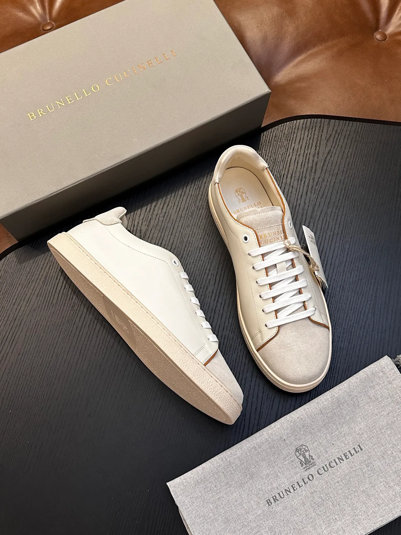 Brunello Cucinelli Off-White Leather-Suede Low-Top Casual Shoes 4