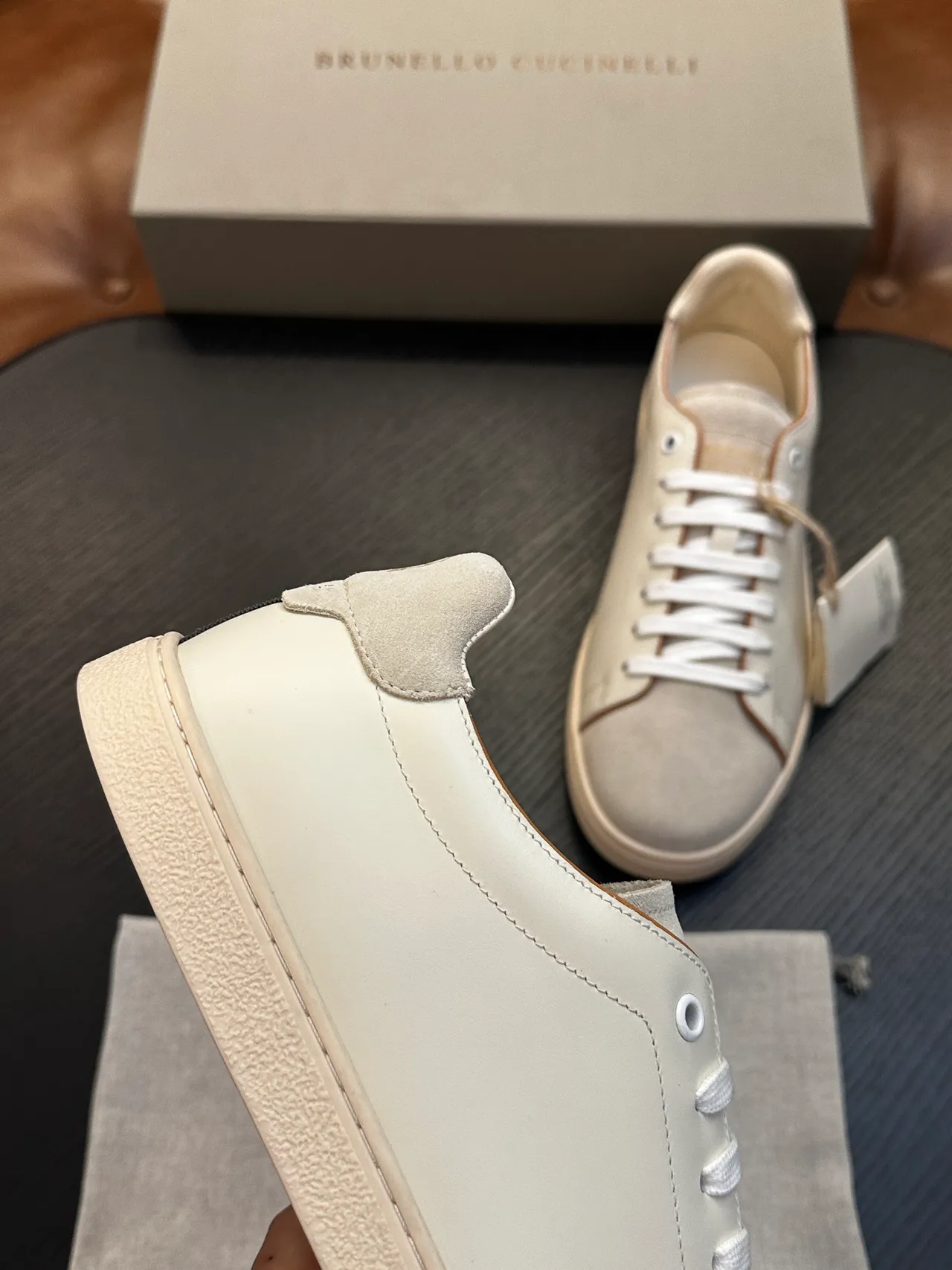 Brunello Cucinelli Off-White Leather-Suede Low-Top Casual Shoes 7