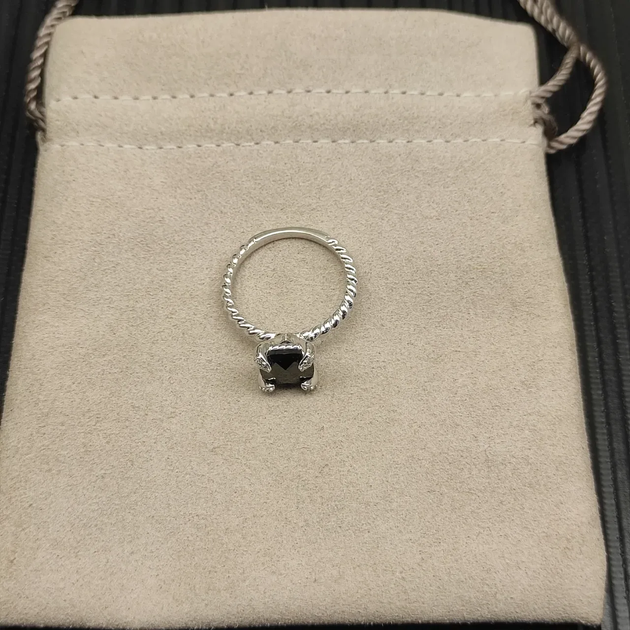 David Yurman Silver Black Twisted Cable Band Square Center Stone Ring 9