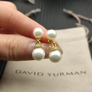 David Yurman أقراط ذهب أبيض قطرة مزدوجة لؤلؤ معدنية