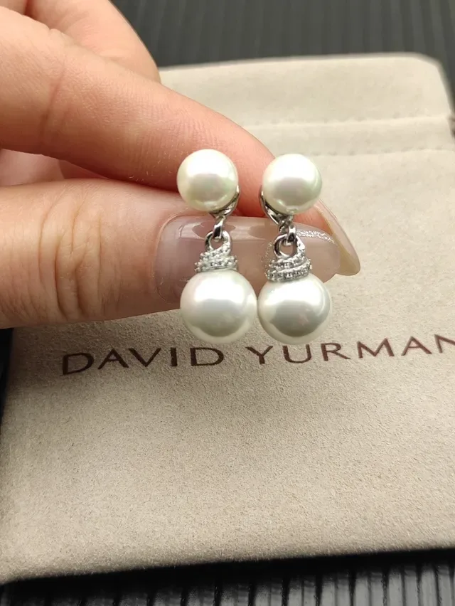 David Yurman White Gold Double-Pearl Drop Metal Earrings 2
