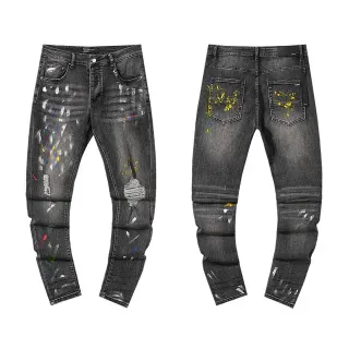 Distressed Paint-Splatter Decorated Slim-Fit Dark Gray Jeans