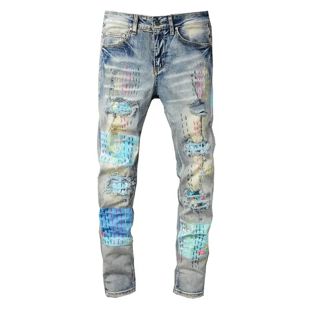 Jeans déchirés patchwork brodés bleu lavé clair 17