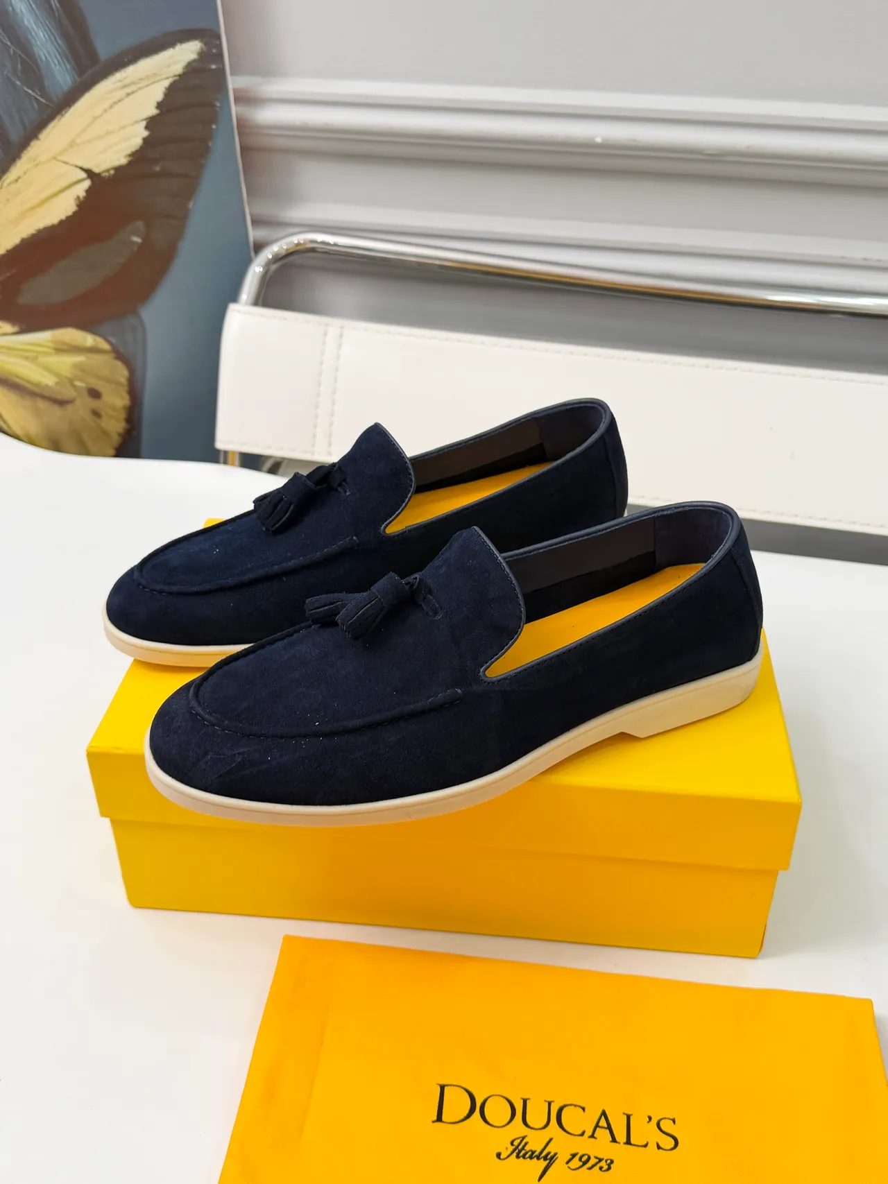 DOUCAI'S Navy Beige Suede Tassel Detail Loafer 4