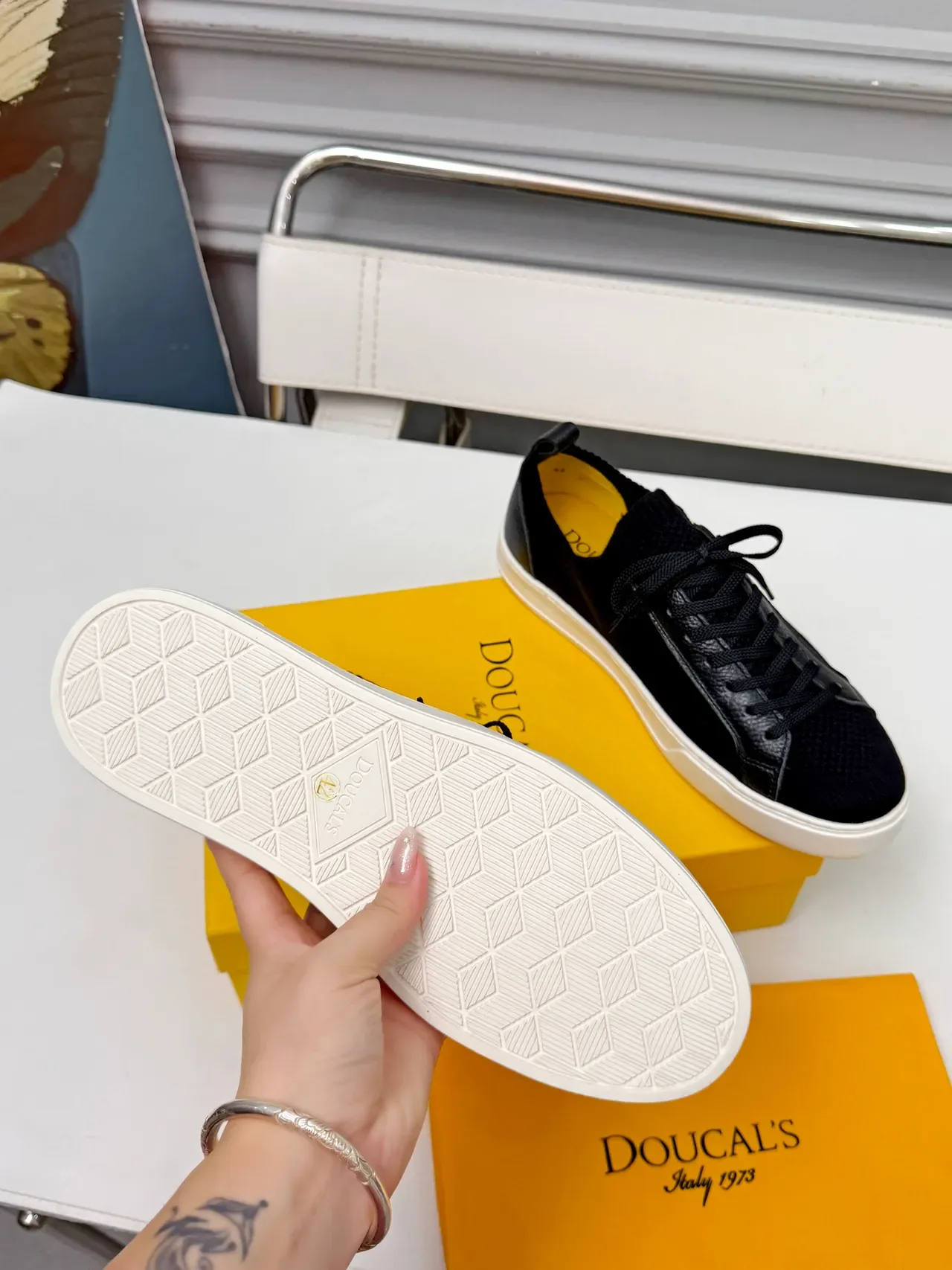 Doucal's Black White Knit Upper Leather Overlays Lifestyle Sneakers 2