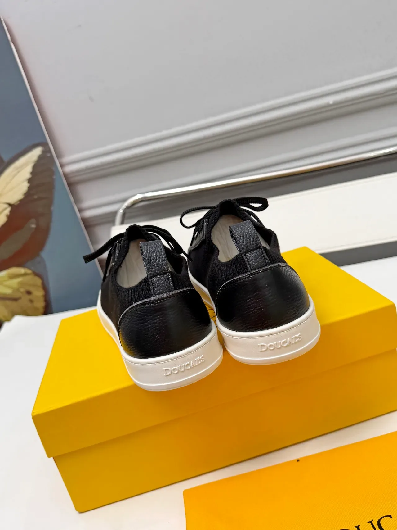 Doucal's Black White Knit Upper Leather Overlays Lifestyle Sneakers 3