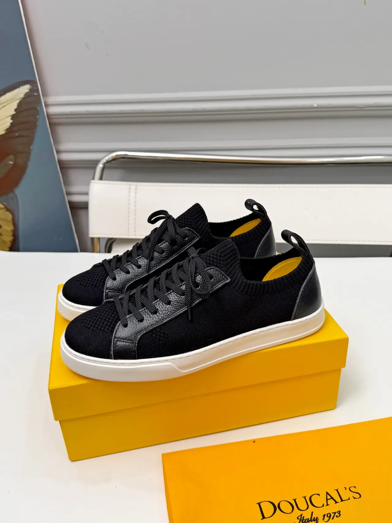 Doucal's Black White Knit Upper Leather Overlays Lifestyle Sneakers 4