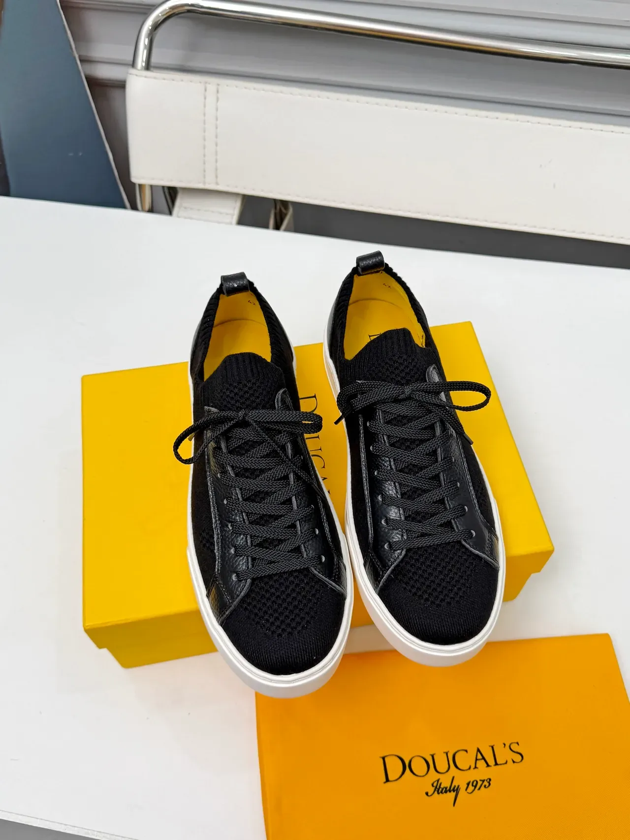 Doucal's Black White Knit Upper Leather Overlays Lifestyle Sneakers 5