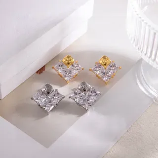 Brincos de perno de cristal com corte quadrado de tom dual