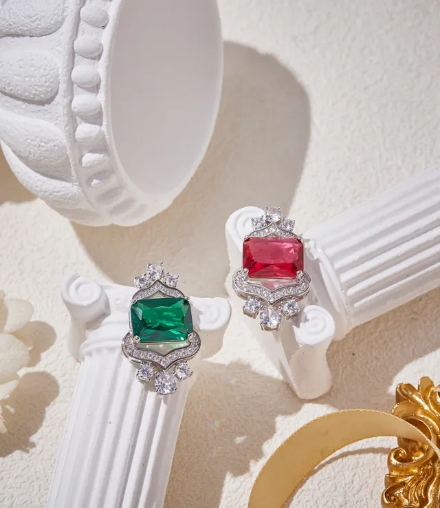 Emerald and Ruby Shield-Halo Stud Earrings 4