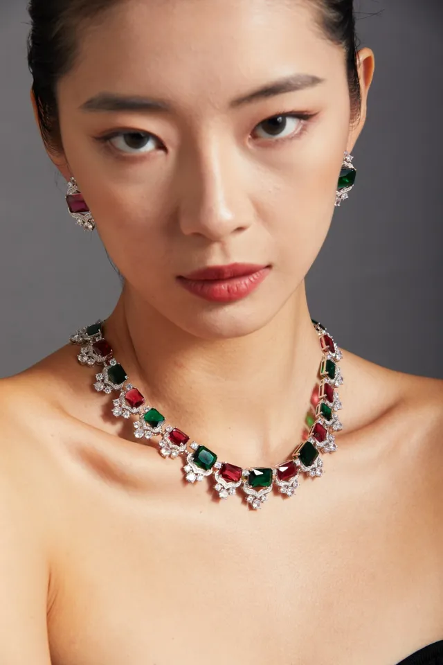 Emerald and Ruby Shield-Halo Stud Earrings 5