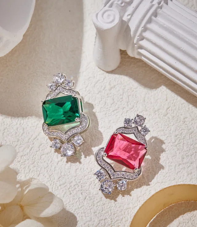Emerald and Ruby Shield-Halo Stud Earrings 8