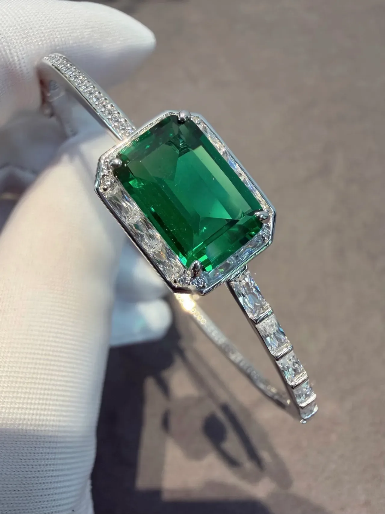 Emerald-Cut Green Gemstone Halo Bangle Bracelets 2