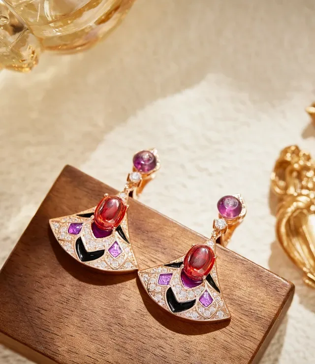 Fan-Shaped Gemstone and Enamel Drop Earrings 3