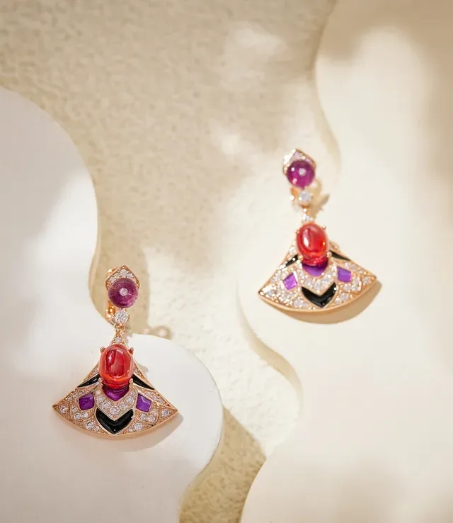 Fan-Shaped Gemstone and Enamel Drop Earrings 6