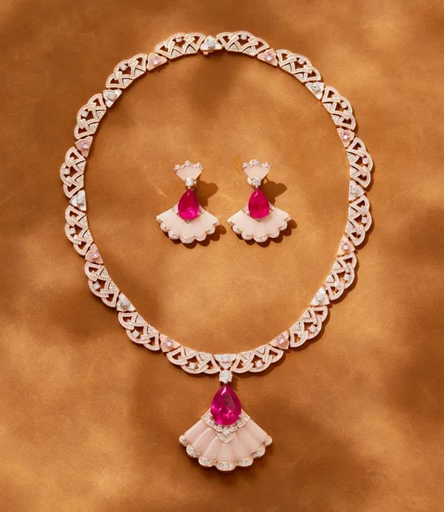 Fan-Shaped White Stone and Pink Gemstone Diamond-Pavé Drop Earrings 3