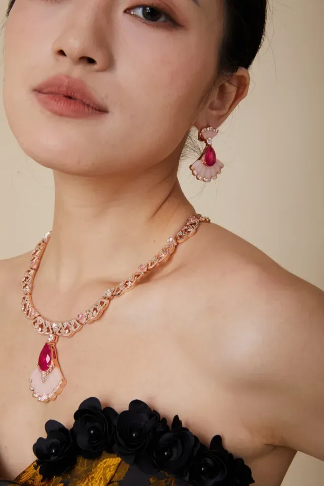 Fan-Shaped White Stone and Pink Gemstone Diamond-Pavé Drop Earrings 4