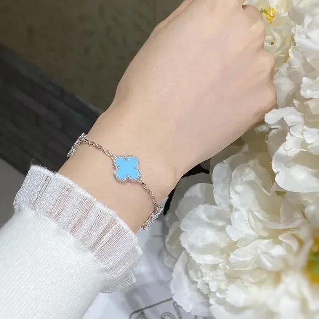 Five Clover-Shaped Light Blue Enamel Charm Bracelet 8