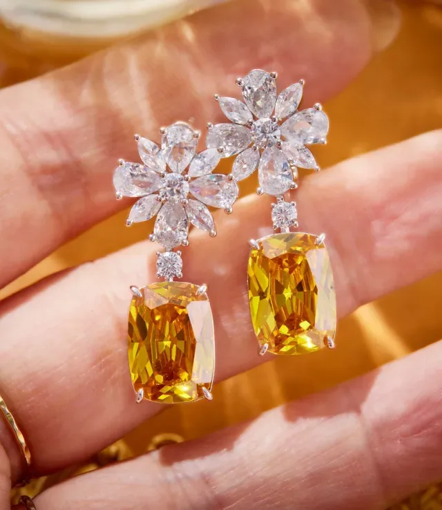 Floral Cluster and Rectangular Faceted Drop Earrings 5