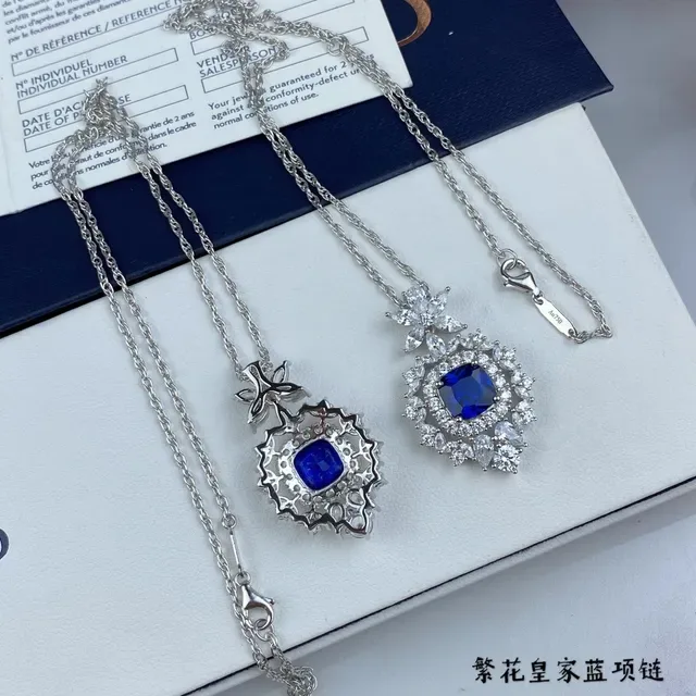 Floral Halo Cushion-Cut Blue Gemstone Pendant Necklace 7