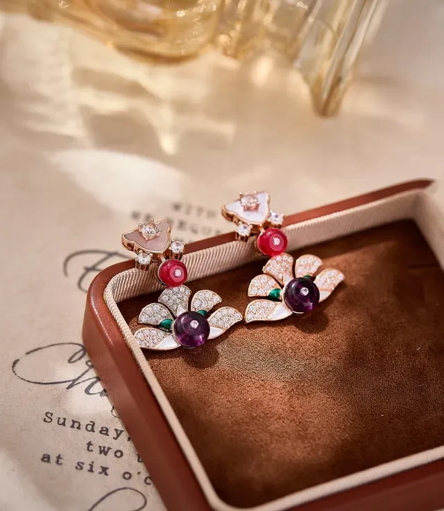 Floral Motif Pavé Diamond and Gemstone Drop Earrings 5