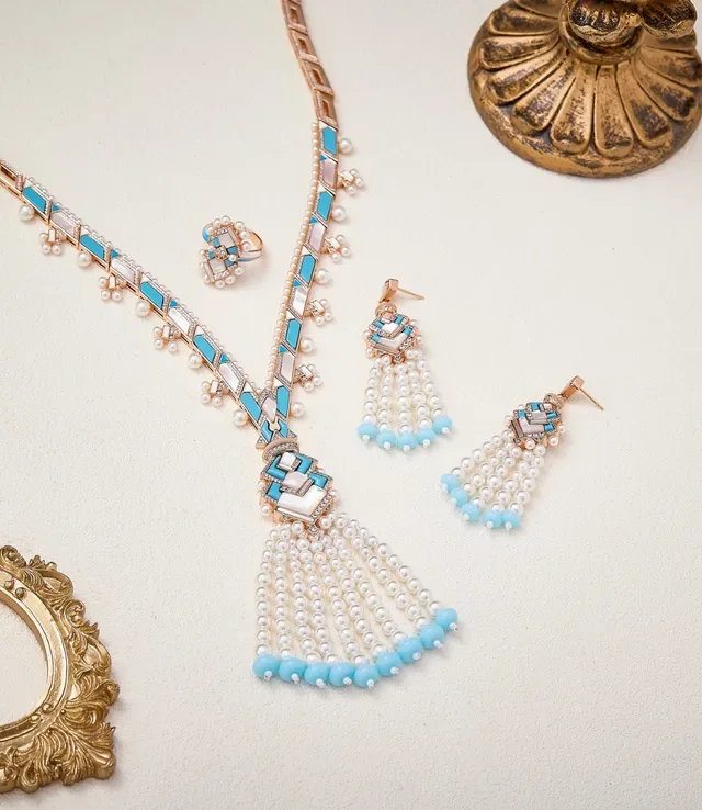 Geometric Mosaic Pearl and Turquoise Drop Earrings 3