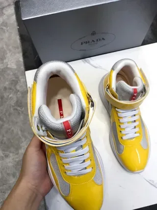 Glossy Yellow High-Top Mesh Panel Sneakers 2