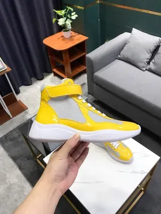Glossy Yellow High-Top Mesh Panel Sneakers 5