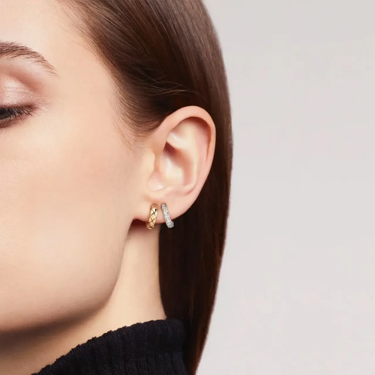 Gold and Silver Quilted Pave-Set Huggie Hoop Earrings 2