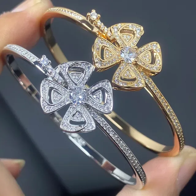 Gold and Silver Tone Floral Pavé Crystal Bangle Bracelets 2