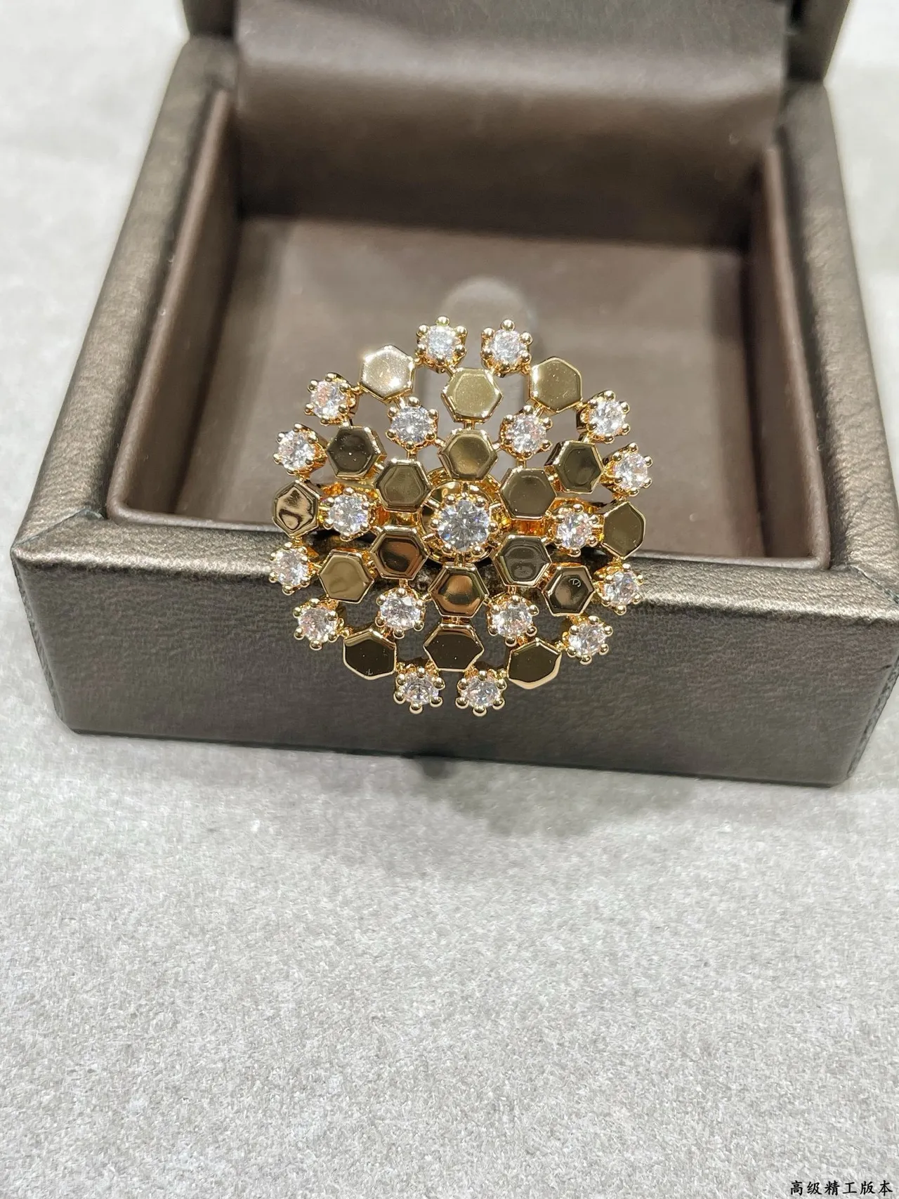 Gold Black Hexagonal Honeycomb Motif Pave-Set Clear Stones Ring 8