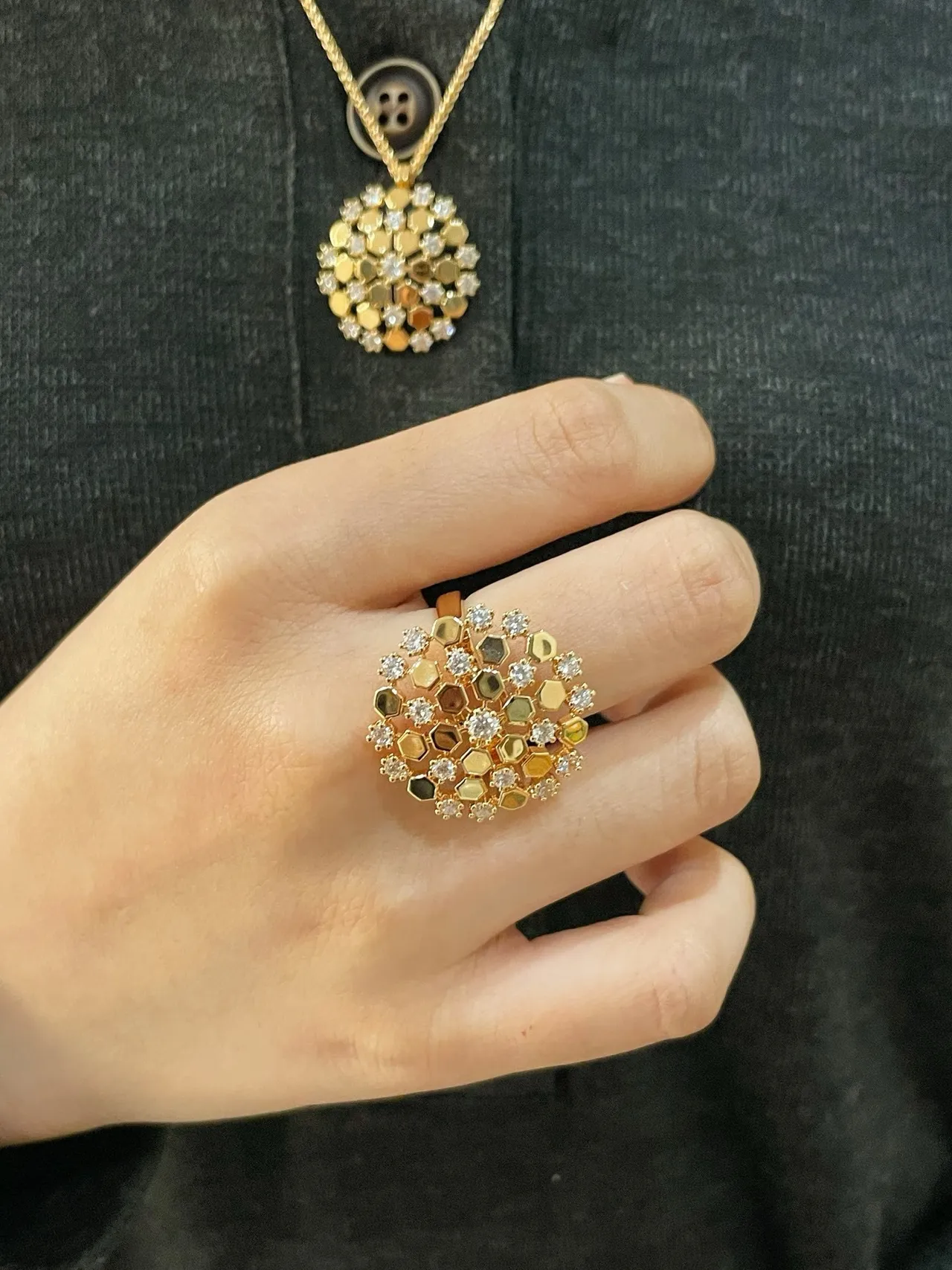 Gold Black Hexagonal Honeycomb Motif Pave-Set Clear Stones Ring 9