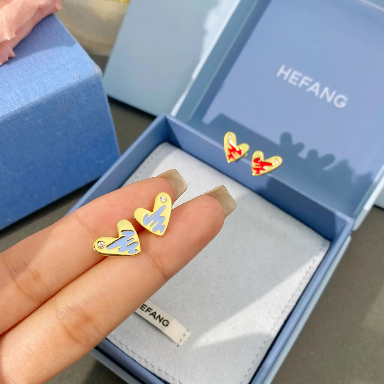 Gold Blue Heart-Shaped Enamel-Accented Earrings 4
