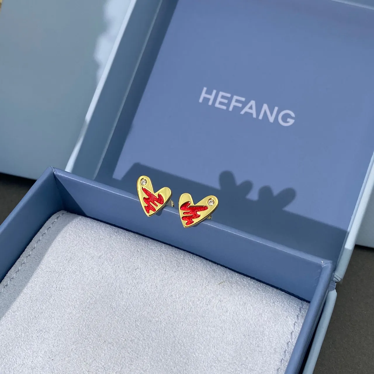 Gold Blue Heart-Shaped Enamel-Accented Earrings 6