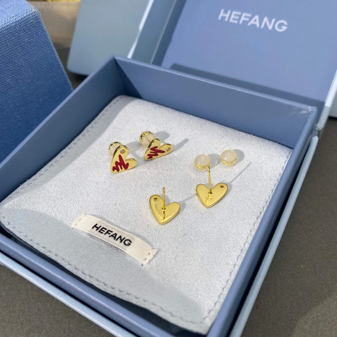 Gold Blue Heart-Shaped Enamel-Accented Earrings 9
