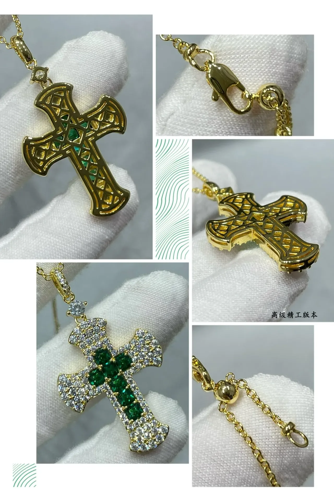 Collier pendentif en croix doré vert pavé-set piedras transparentes 5