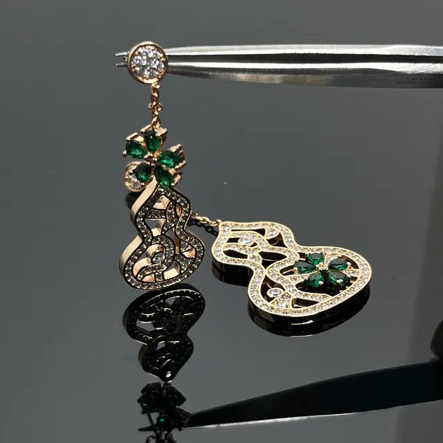 Gold Green Filigree Pavé-Set Clear Stones Earrings 4