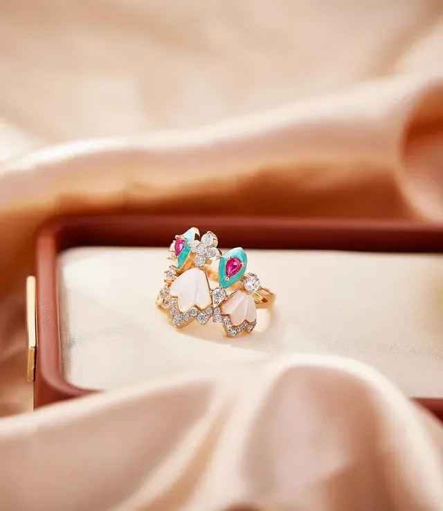 Gold Multi-Stone Enamel and Shell Motif Ring 4