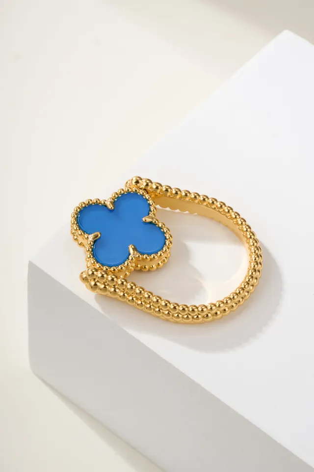 Gold Red Clover-Shaped Enamel Inlay Beaded Band Ring 8