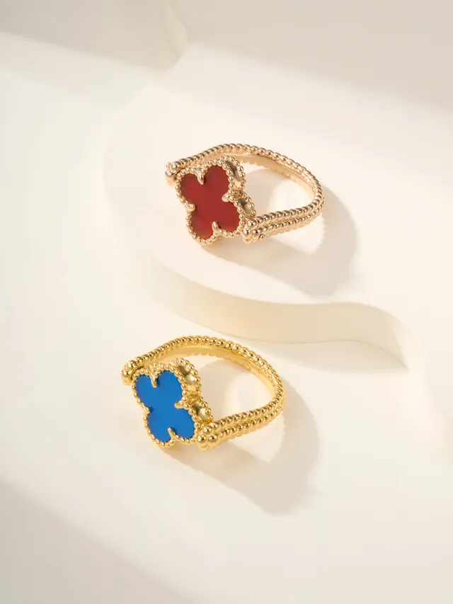 Gold Red Clover-Shaped Enamel Inlay Beaded Band Ring 10