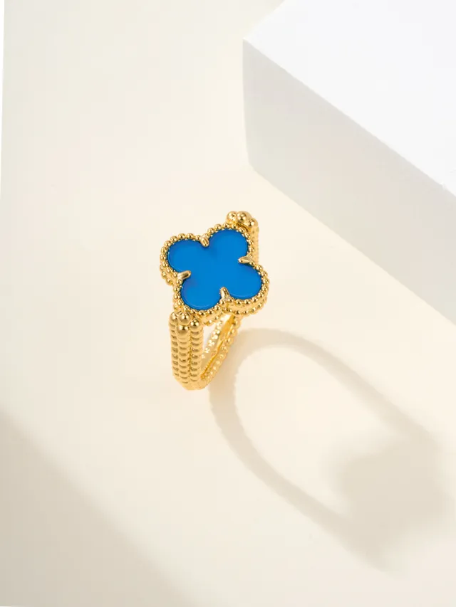Gold Red Clover-Shaped Enamel Inlay Beaded Band Ring 11