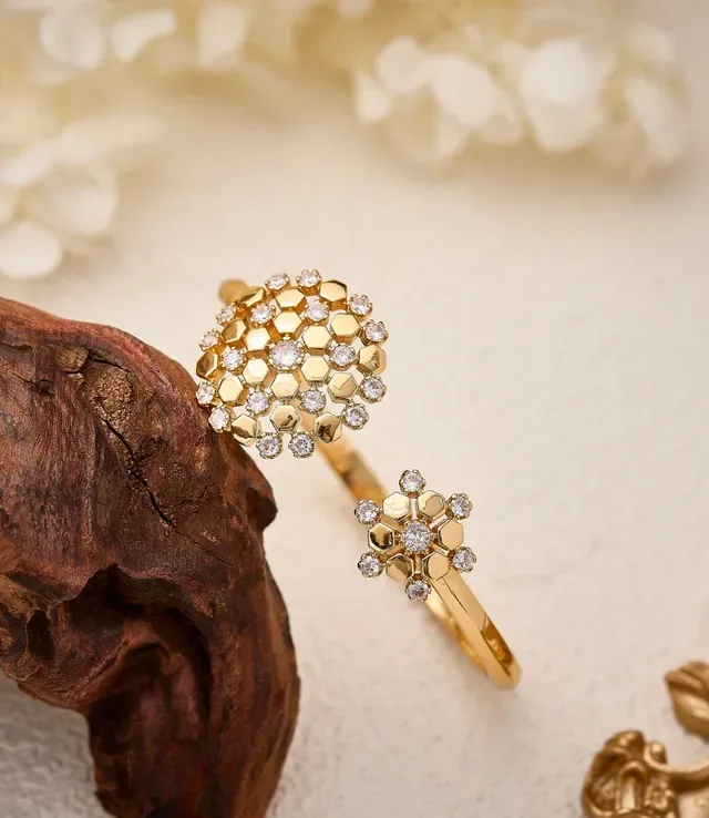 Brazalete Abierto Oro y Plata Pavé-Set Clusters Florales Joyería 6