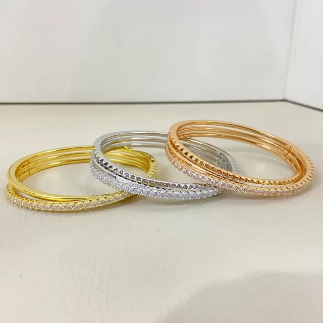 Gold Silver Rose Gold Pavé-Set Hinged Bangle Bracelets 2