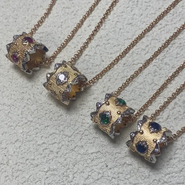Gold Silver Textured Cylinder Spiky Bezel Necklace 3