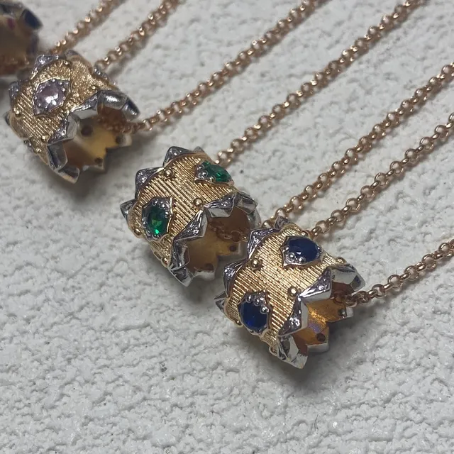 Gold Silver Textured Cylinder Spiky Bezel Necklace 4