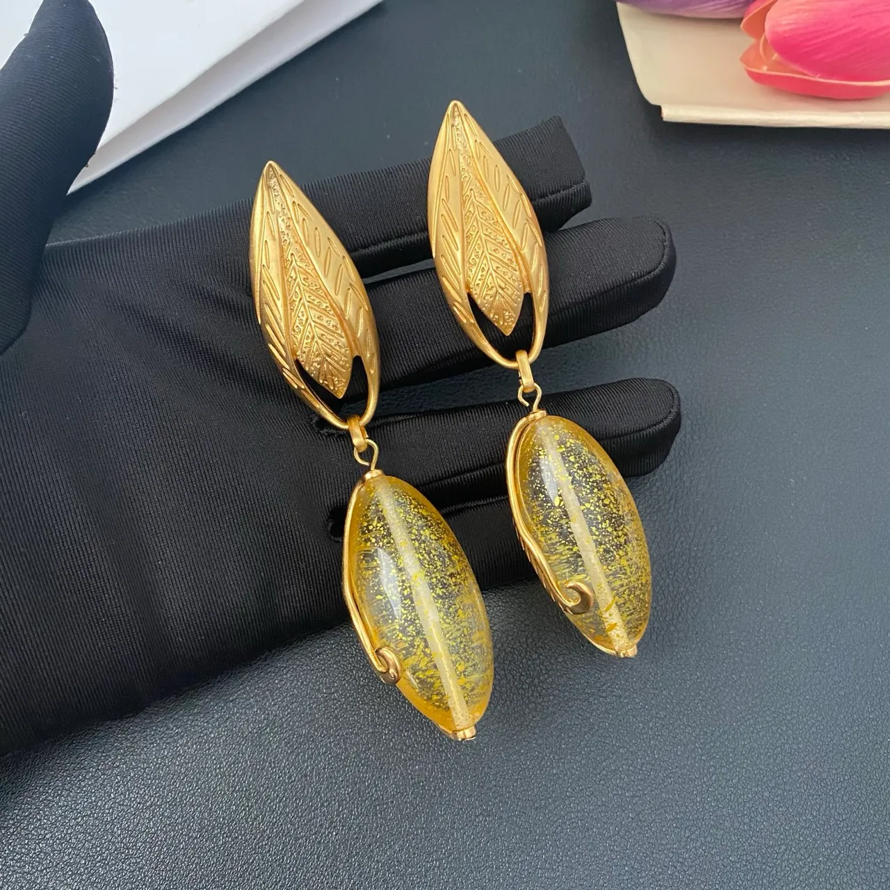 Gold-Tone Leaf Top Amber Resin Drop Earrings 6