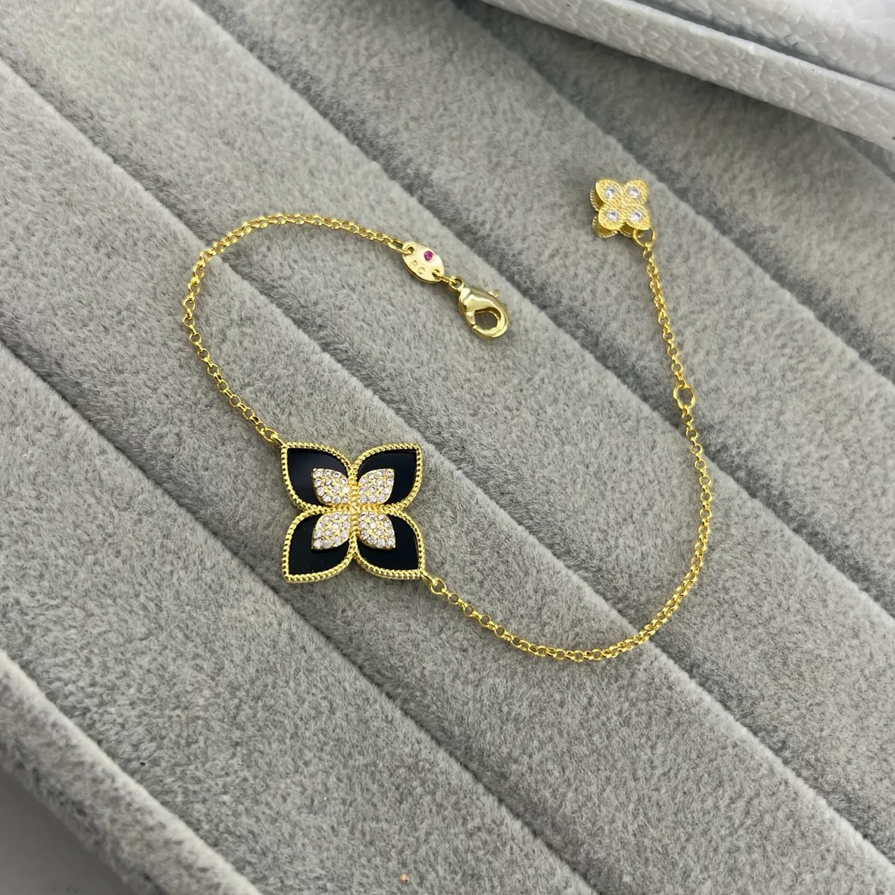 Gold-Tone Malachite and Pavé Stone Floral Motif Bracelet 5