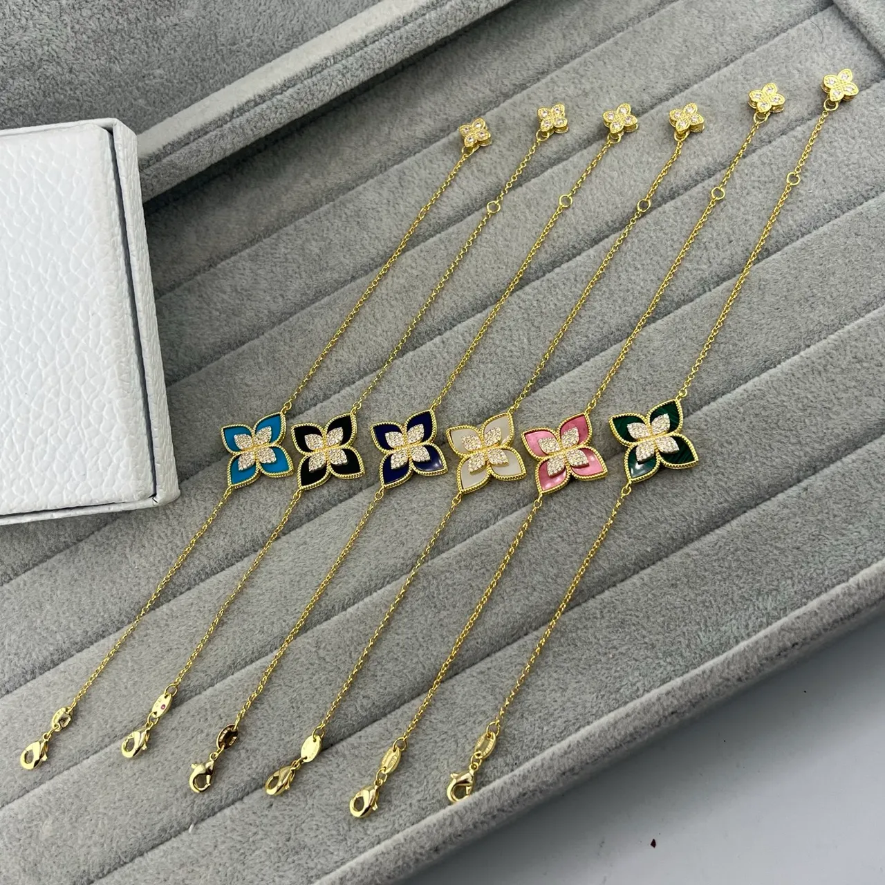 Gold-Tone Malachite and Pavé Stone Floral Motif Bracelet 8