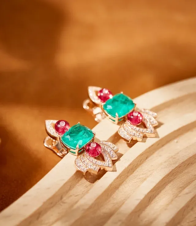 Gold-Tone Multi-Tier Emerald and Ruby Pavé Diamond Earrings 2